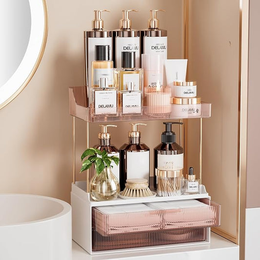 Delamu 4-Tier Makeup Organizer, Bathroom Counter, 2 Drawers, Grapefruit | Elegant Vanity Organizer Gift for Women, Holds Perfume, Skincare, Nail Polish & Hair Accessories for Bathroom Countertop