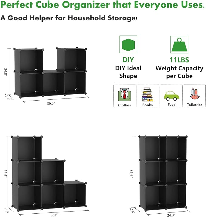 C&AHOME 6-Cube Storage Organizer, Stackable Storage Cubes Shelves, Portable Bookshelf, Plastic Clothing Storage Closet Organizer, DIY Modular Shelving Units for Wardrobe, Home, Black | Stackable Cubby Storage, Bookshelf, Portable Plastic Storage Closet...