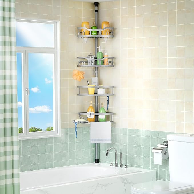 HAMITOR Corner Shower Caddy Tension Pole: Rustproof 4-Tier Bathroom Organizer Shelves for Bathtub Shampoo Storage - 47-121 Inch Quick Install Adjustable Rod Standing Rack with Soap Rack - Silver Gray