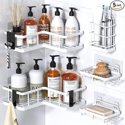 YASONIC Corner Shower Caddy Adhesive, 100% Rustproof Shower Organizer with Soap and Troothbrush Holder, No Drill Shower Shelf for Inside Shower, Wall-Mounted Shower Storage for Homes (5 Pack, White)