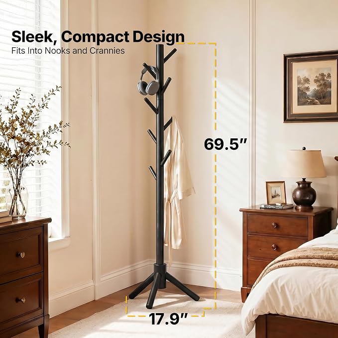 AMADA Solid Wooden Coat Rack Freestanding with 8 Hooks, Black | 100% solid wood, 3 height options, widened base for stability, tool-free assembly, smooth rods & hooks prevent clothing snags