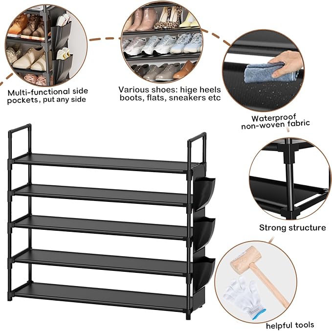 OYREL Shoe Rack 5 Tier 20-25 Storage Capacity Shoes Organizer | Closet, Entryway, Garage, Door Entrance, Space Saving Shoes Holder Stand, Sturdy Metal Free Standing Boot Shelf Tower Black