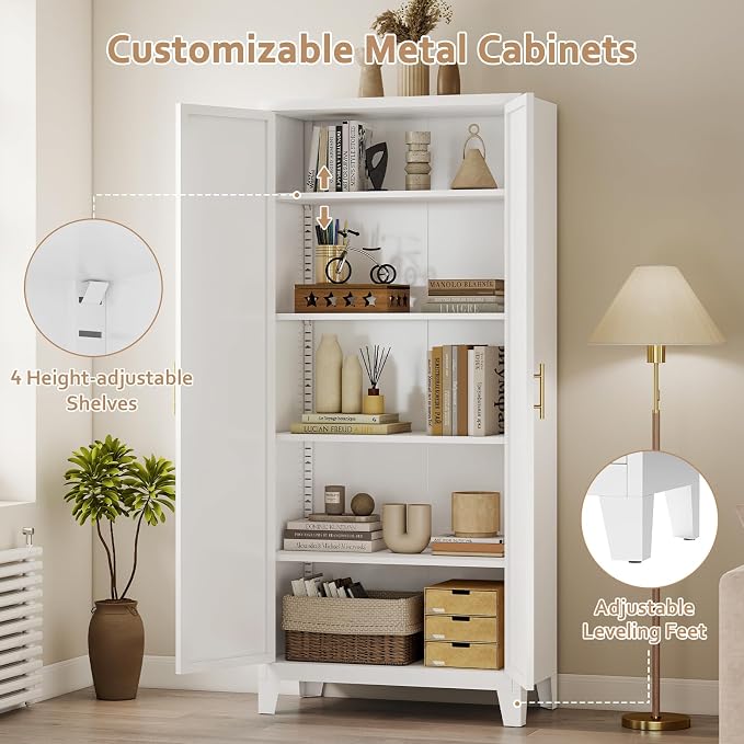 Zevemomo 71" Metal Pantry Cabinet, Tall Metal Storage Cabinet for Kitchen | Steel Cabinet with 2 Doors and 4 Adjustable Shelves, Freestanding Cupboard for Kitchen, Bathroom, Dinning Room or Laundry