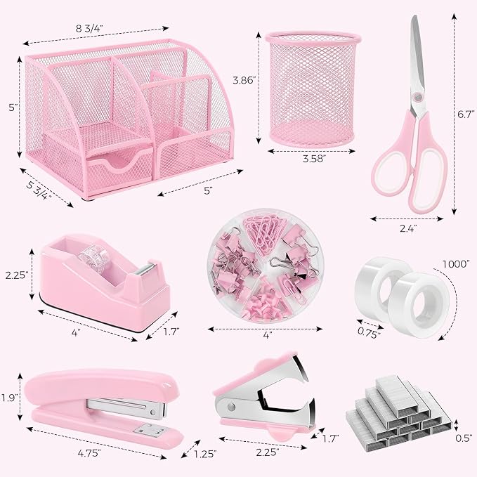 SKYDUE Pink Desk Accessories, Pink Office Supplies Set, Mesh Desk Organizer, Stapler, Tape Dispenser, Scissors, Binder/Paper Clips and 1000pcs Staples, Desk Organizer for Women, Gifts