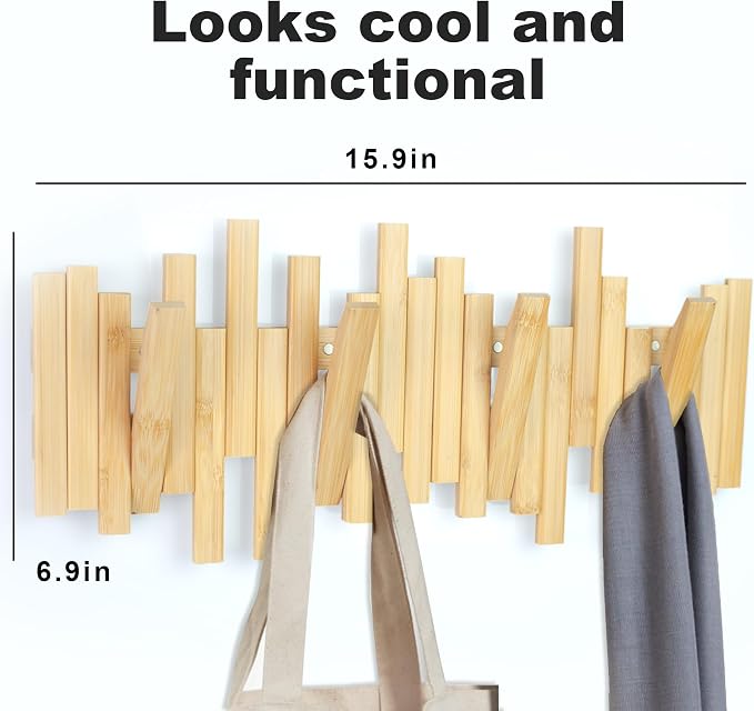 MinBoo Bamboo Multi Hook Coat Rack – Modern, Unique, Space-Saving Coat Hanger with 4 Flip-Down Hooks for Hanging Coats, Christmas Decorations,Bamboo