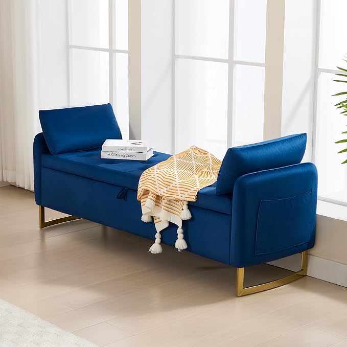 65" Storage Bench for Bedroom, Velvet End of Bed Bench, King Size Bed Benches for Foot with Tufted Button and Gold Legs, Upholstered Window Ottoman Benches with Armrests, Navy Blue