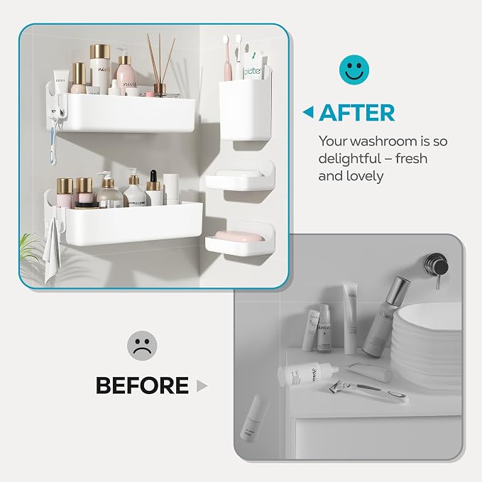 Nieifi Adhesive Shower Shelves, White, 5 Pieces | Rustproof ABS, Large Capacity, Removable Design, Easy-Clean, No Drilling Shower Organizer for Bathroom Storage & Home Decor