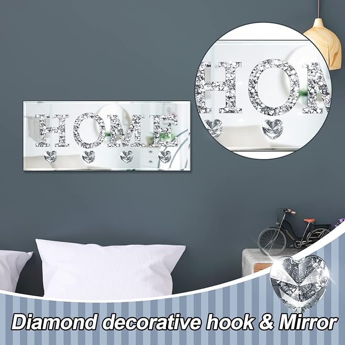 Yalikop Keys Holder on Wall Crush Diamond Mirrored Home Letter Plaque Sign Wall Mounted Clear Heart Shape Hooks Key Hanger Christmas Gift Door Bookshelf Decorative
