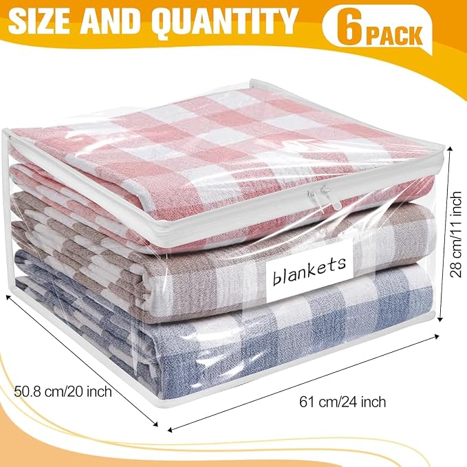 Kikerike Plastic Storage Bags with Easy-Glide Zipper, Pack of 6, Durable Clear Vinyl Zippered Storage Bags for Clothes Sweaters Comforters Blankets Sheets Bedding (24 x 20 x 11 Inch, White)