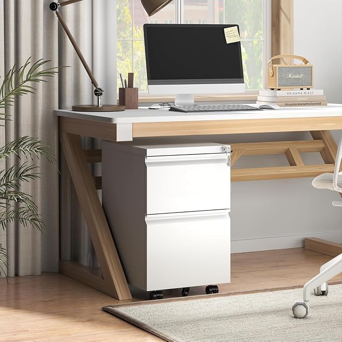 Guizeeopo 2 Drawer Locking File Cabinet, Fully Assembled Heavy-Duty Metal Filing Cabinets for Home Office, Quiet Slides, Anti-Tipping Wheels, Fits A4/Letter/Legal, Matte White