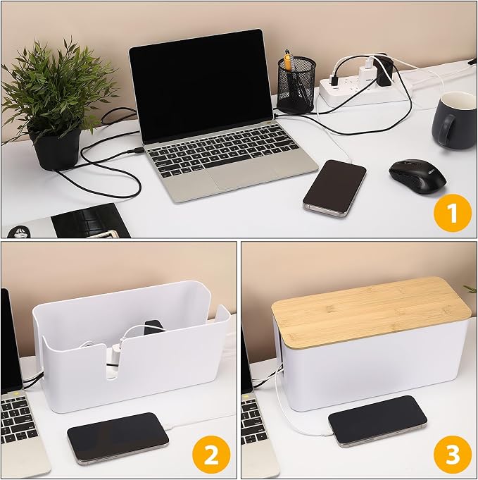 ZhiYo 2 Pack Cable Management Box, Large & XL, Power Strip Organizer, Black | Extra-Tall Design for Oversized Adapters, Fits Power Strips Up to 13.4" Long, Natural Bamboo Lid, Ideal for Desks, TV Areas