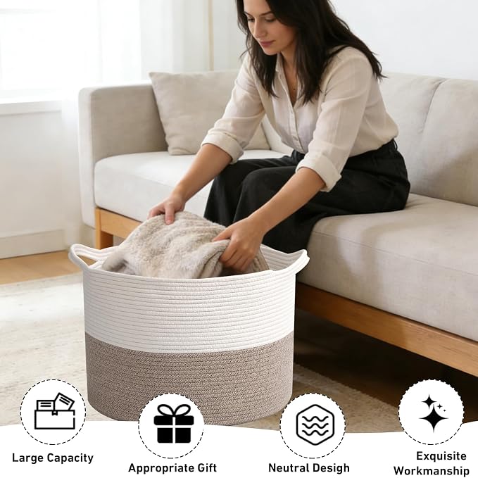 115L Extra Large Blanket Basket,Woven Laundry Basket- White & Brown | Collapsible Nursery Storage Bin with Sturdy Handles, Organizes Clothes, Toys and Pillows for Living Room, Bedroom, Bathroom