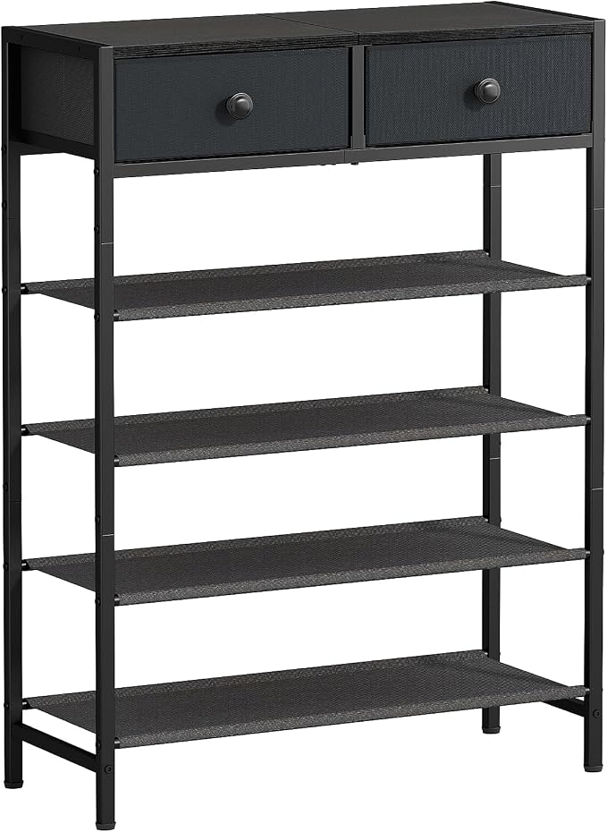 5 Tier Shoe Rack with 2 Drawers Black Grey | Holds 16-20 pairs. Fabric shelves prevent dust. Drawers for small items. 20-min assembly with clear guide.