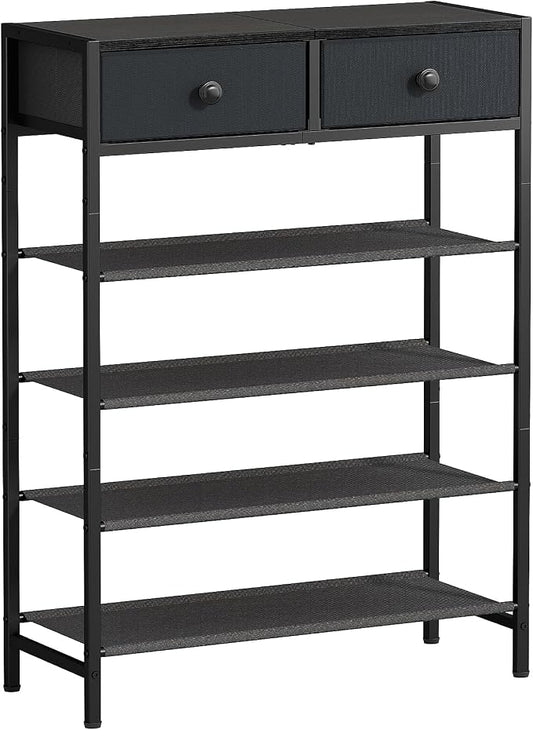 5 Tier Shoe Rack with 2 Drawers Black Grey | Holds 16-20 pairs. Fabric shelves prevent dust. Drawers for small items. 20-min assembly with clear guide.