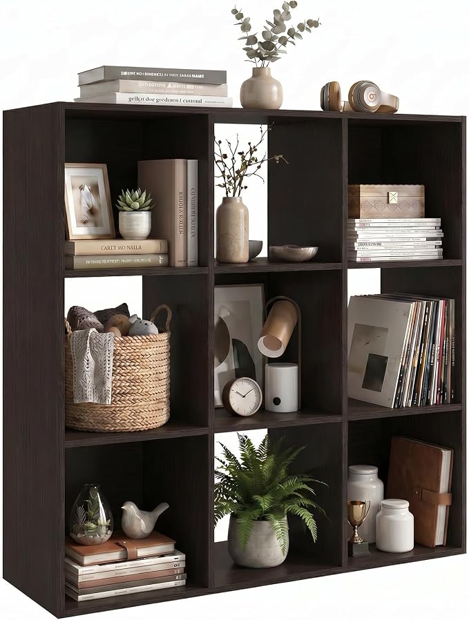 WannabeMyself【Sturdy Build&Easy Assembly】9 Cube Storage Organizer with Anti-Tipping Kits,Reversible Open Back Book Shelf, Bookcase for Living Room,Bedroom,Entrance Hall,Office,35.8×11.4×35.9,Chocolate