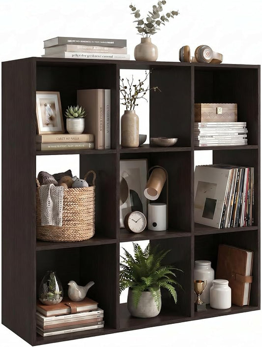 WannabeMyself【Sturdy Build&Easy Assembly】9 Cube Storage Organizer with Anti-Tipping Kits,Reversible Open Back Book Shelf, Bookcase for Living Room,Bedroom,Entrance Hall,Office,35.8×11.4×35.9,Chocolate