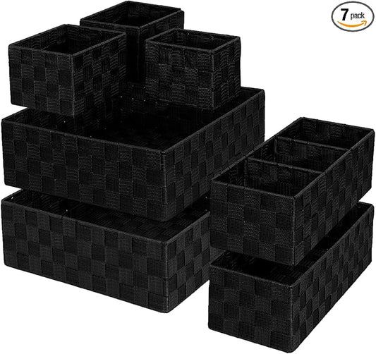 Drawer Organizer, Cube Baskets for Storage Shelves, Handmade Small Woven Basket, Shallow Storage Bins for Organizing Desk, Dresser, Kitchen, Pantry, Nested 7 Pack, Black