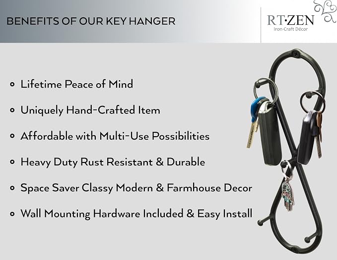 RTZEN Farmhouse Small Key Holder for Wall, Wrought Iron Wall Mount Rack | Handcrafted Swirl Decorative, 5 Key Hooks for Home Entryway, Purse, Coat and Leash Holder or Organizer (Infinity Black)