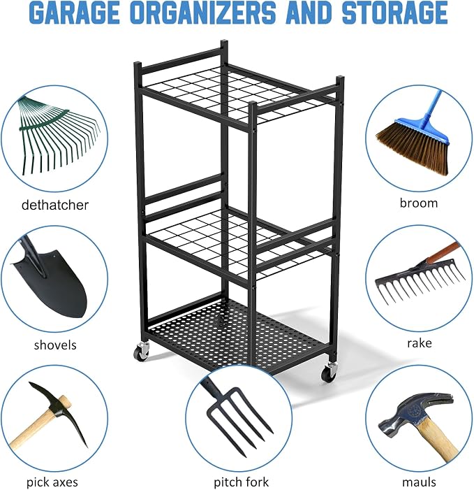 DAOUTIME Garden Organizer With Wheels, Yard Tower Rack for Garage Storage, Up to 35 Long-Handled Tools, Sturdy Metal Steel Holder With 3 Hooks, Outdoor, Black