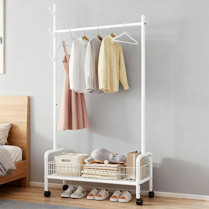MYUPDALIN Clothes Rack with Shelves, Clothing Rack with Wheels, Multifunctional Hangers with Storage Baskets and Shoe Racks, Ideal for Bedrooms and Living Rooms