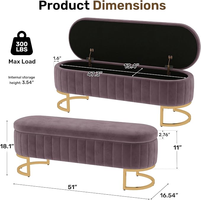 51" Velvet Storage Ottoman Bench End of Bed for Bedroom Entryway Purple