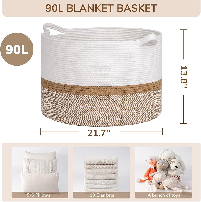 INDRESSME XXXLarge Woven Rope Blanket Basket Living Room White Camel, 90L | 21.7" x 13.8" Storage baskets for toys laundry & pillows. Fits living room, bedroom or nursery décor. Soft-touch with handles