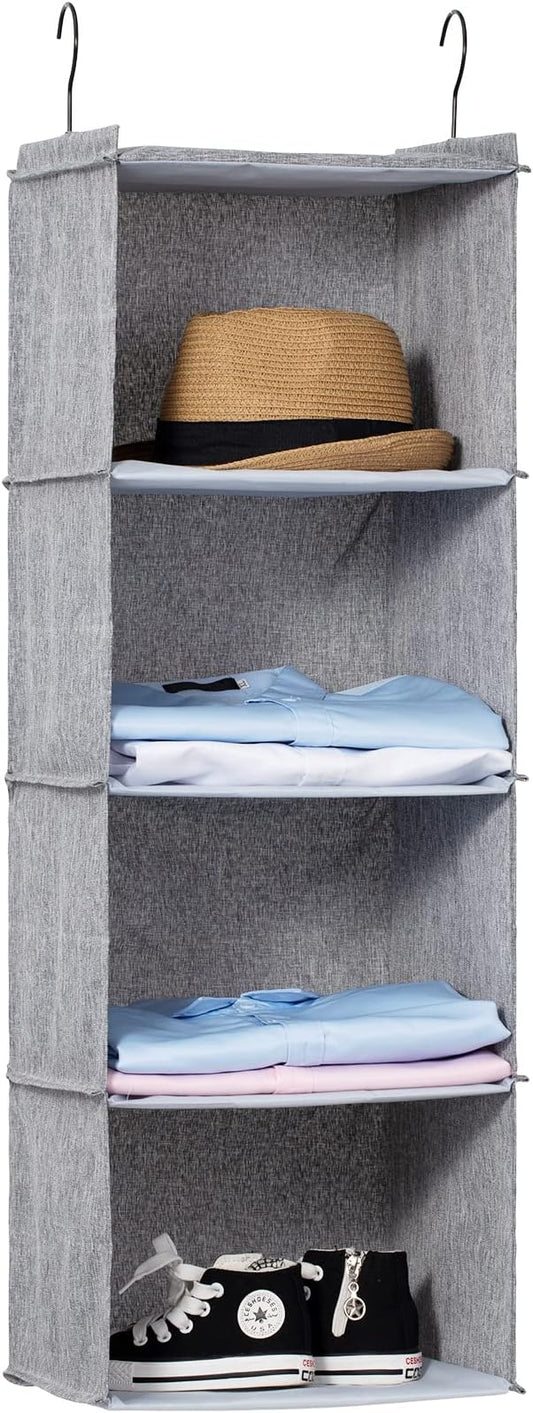 Hanging Closet Organizer 4-Shelf, Oxford Linen Wardrobe Storage, Gray | Easy-mount foldable design holds clothes, handbags, shoes & accessories; washable Oxford fabric, sturdy and space-saving.
