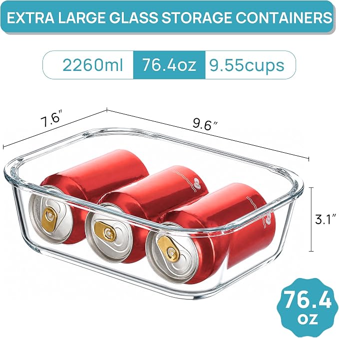 Vtopmart 1Pack 2260ml/76.4oz Extra Large Glass Storage Container with Lid | Meal Prep Food Container Set, Snap Airtight Lids for Baking, Microwave, Oven, Leak Proof, for Freezer, Dishwasher, BPA Free