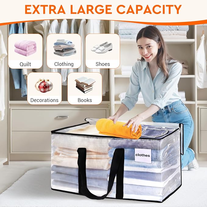 HomeHacks Moving Bags, Heavy Duty Storage Bags for Clothes, 4 Pack 93L | Waterproof moving bag with zipper and Handles, clear storage bags packing bags for moving, camping, home organization, 24Gal