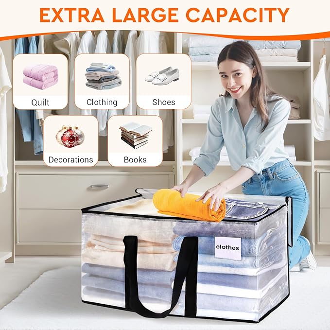 HomeHacks Moving Bags, Heavy Duty Storage Bags for Clothes, 10 Pack 76L | Waterproof moving bag with zipper and Handles, clear storage bags packing bags for moving, camping, home organization, 20Gal