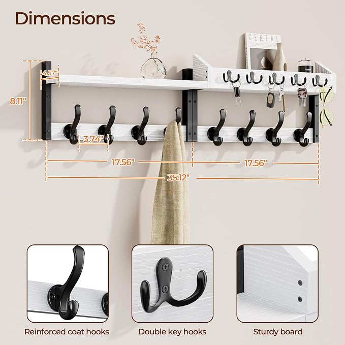 Evermagin 35" Coat Rack Wall Mount with Shelf for Entryway, White | Wall Mounted Coat and Key Rack with Hooks, Key Holder with Mail Organizer for Wall, Living Room, Mudroom, Bedroom