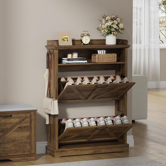 Farmhouse Shoe Cabinet with 2 Flip Drawers & Open Storage ,31.5" W Walnut | Freestanding shoe cabinet with flip drawers ,Brown design and space-saving storage for entryway,foyer & hallway