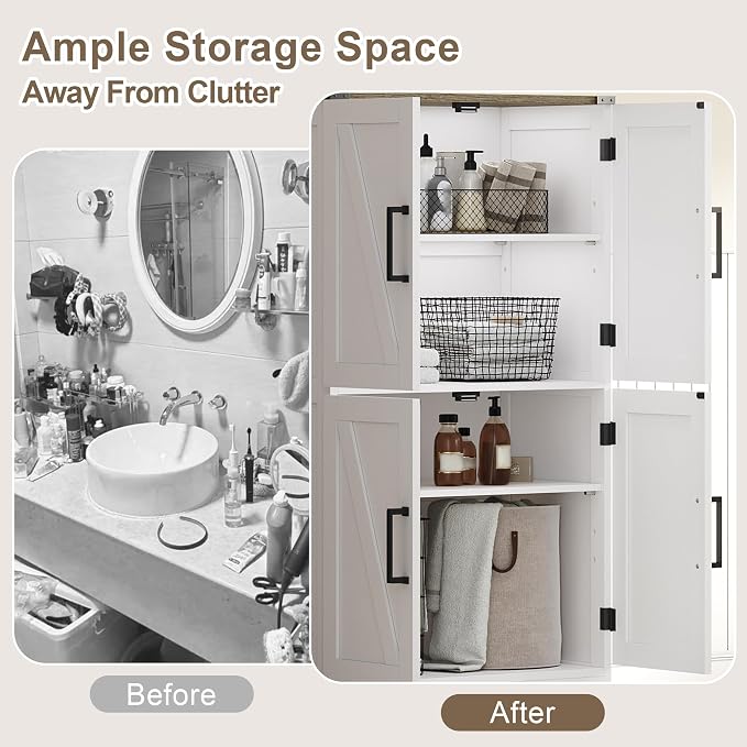 Treocho Farmhouse Bathroom Floor Cabinet with Adjustable Shelves | 11.81"D x 23.62"W x 43.46"H, Freestanding Kitchen Pantry Cabinet, Cupboard for Living Room, Dining Room, White