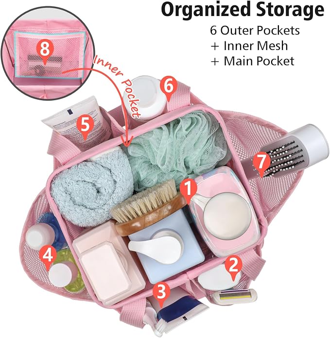 F-color Mesh Shower Caddy Portable - Stand Up 8 Pockets for Dorm, Pink | Stand Up Frame, S Hook, Collapsible Organizer, Mesh Shower Bag Bathroom Tote for College Dorm, Camping, Gym, Travel