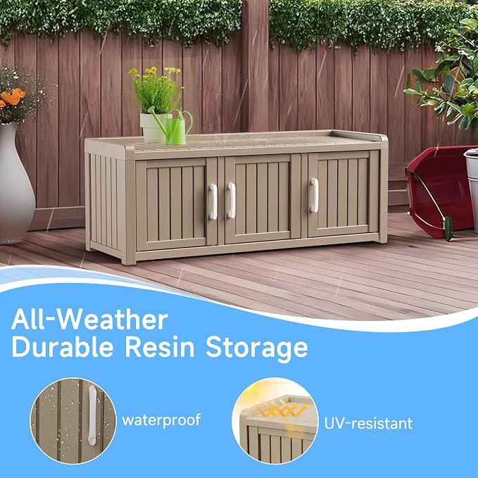 3 Doors Shoe Bench, Waterproof & UV-Resistant, Resin Shoe Cabinet Indoor & Outdoor Use, Entryway Bench with Adjustable Shelves & Hidden Storage Space for Bedroom, Hallway, Grey