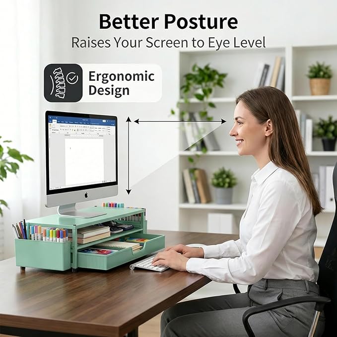 ECOLOVI Desk Organizer and Accessories, 2-Tier Computer Monitor Stand Rise with Storage Drawer & 2 Pen Holders, Laptop & Printer Stand for Desktop, Workspace Organizers for Office Supplies (Green)