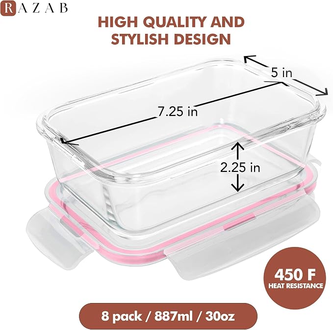 Razab 16 Pc (Set of 8) 30 Oz Glass Meal Prep Containers with Lids, Airtight Large Glass Food Storage Containers, Reusable Leak Proof BPA Free, Freezer to Oven and Dishwasher Safe