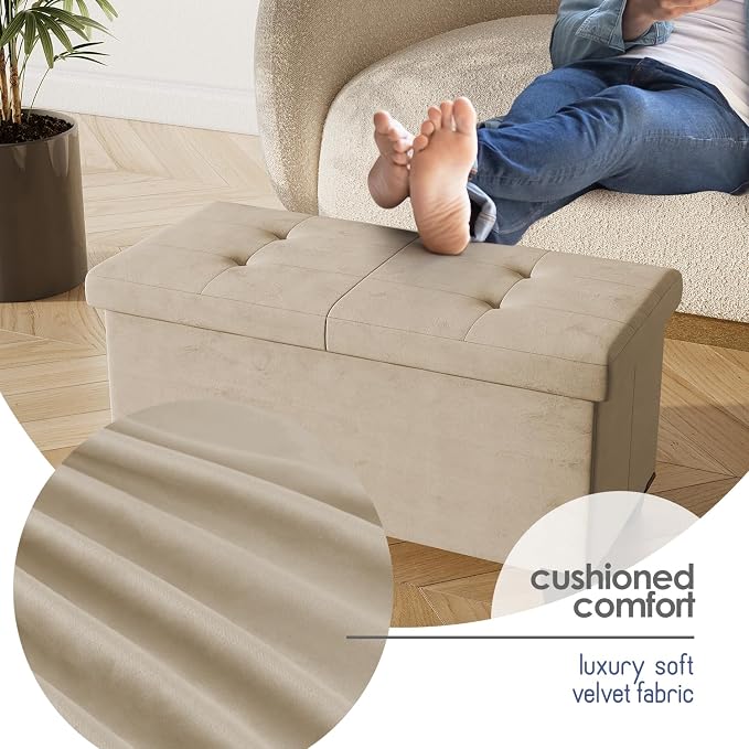 Storage Ottoman Bench with Bins, 30-in Storage Bench for Bedroom End of Bed, Folding Foot Rest Ottoman for Living Room Max 660lbs, Velvet Ottomans, Beige