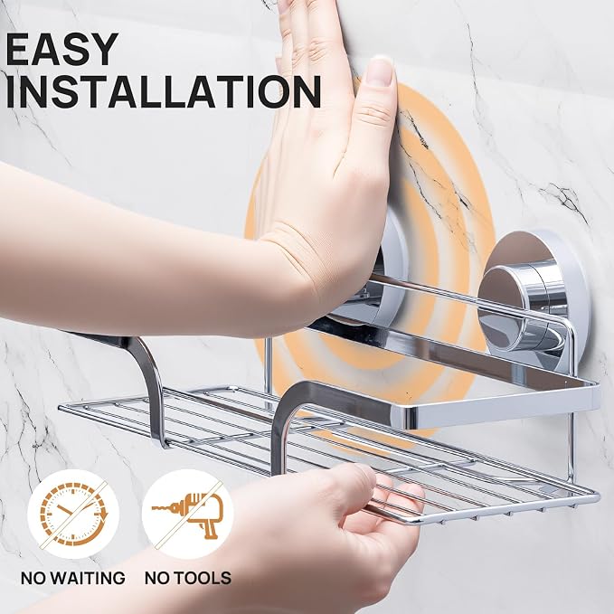 LEVERLOC 2 Pack Shower Caddy Suction Cup, Shower Shelves for Inside, Silver | Rustproof Bathroom Storage NO-Drilling Bathroom Organizer, Heavy Duty Shower Storage Basket, Metal Shower Shelf