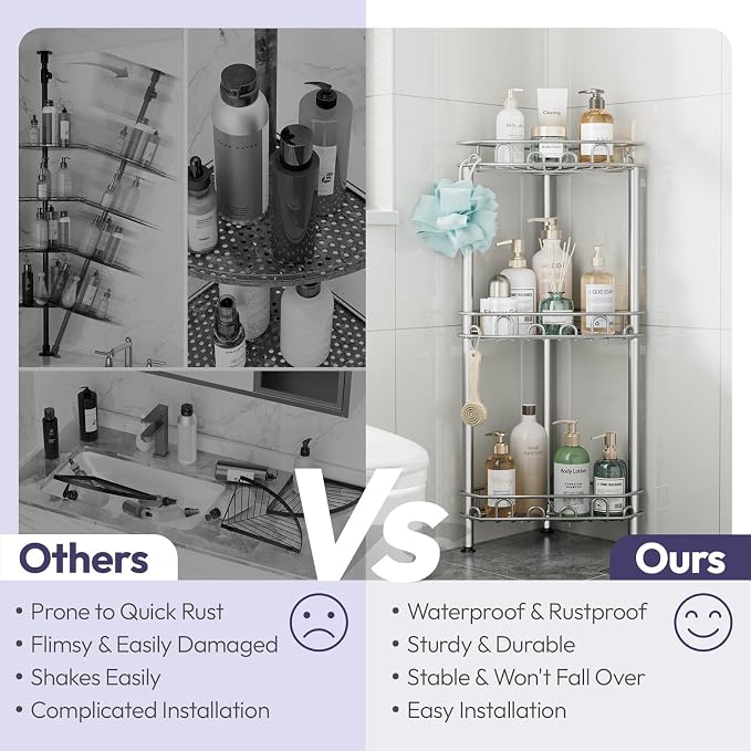 SWTYMIKI Standing Shower Caddy Corner - 3‑Tier Stainless Steel Shower Organizer Shelf with 12 Hooks and Adhesive Pads, Rustproof Corner Shelves Stand Rack for Bathroom Shower Room, Silver