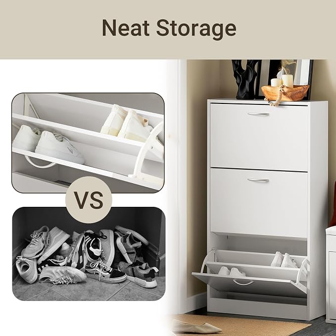 Haotian White Shoe Cabinet Entryway | Freestanding Shoe Rack with 3 Flip Drawers, Shoe Storage Cupboard Organizer for Entrance Hallway, FSR110-W