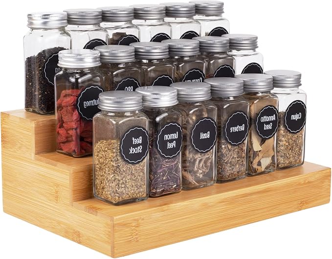 Bamboo Spice Rack Organizer for Cabinet 2 Pack - 3 Tier Countertop Step Shelf, Seasoning Storage Stand for Kitchen Pantry, Spice Holder for Jars Bottles Cans (Natural)