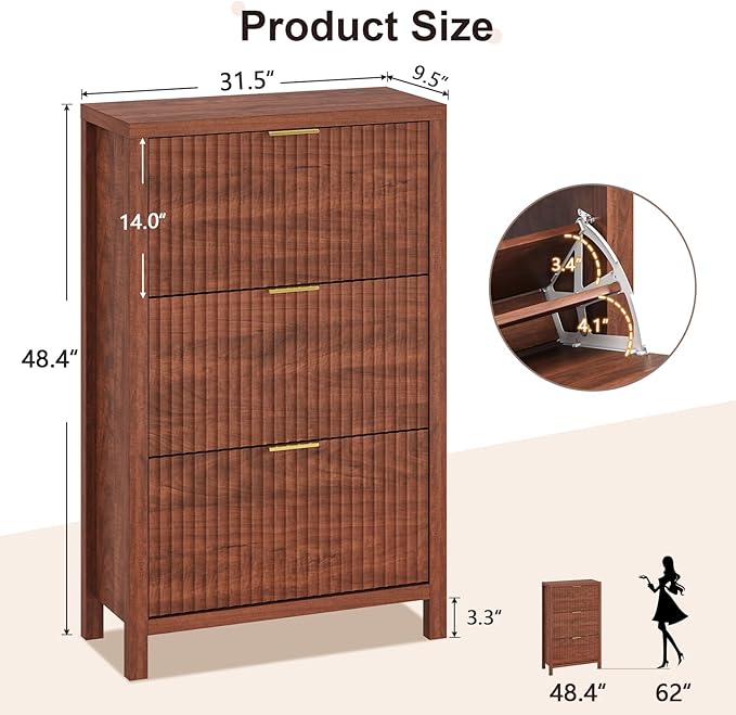 32" Fluted Shoe Cabinet Storage with 3 Flip Drawers for Entryway, Hallway | Hidden Shoe Rack Slim Freestanding Shoe Organizer with Legs for Hallway, Living Room, Red Walnut