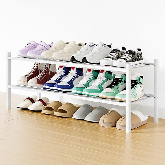 Smiry Bamboo Shoe Rack, 12 Vertical Slats, 2 Tier - 33.7" Wide, White | Stackable Free Standing Wooden Shoe Organizer, Wood Shoe Storage Shelf for Closet, Entryway