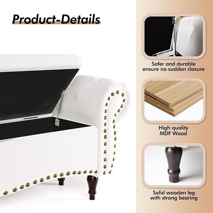 Storage Ottoman Bench, 51" Upholstered Bench & Ottoman with Safety Hinge, Tufted Bed Bench with Rolled Arm and Nailhead Trim, End of Bed Storage Bench for Bedroom, Living Room, Entryway White