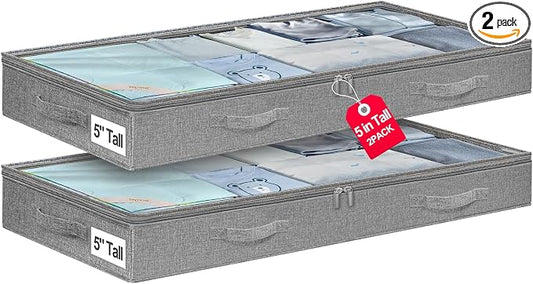 punemi 5 inch High Soft Fabric Low Profile Under Bed Storage, 2 Pack, Grey | Thin Clothes Storage Containers with 3 Handles & Clear Lid, Ideal for Bedding & Blankets, Fits Under Cribs, Sofas & Dorm Beds