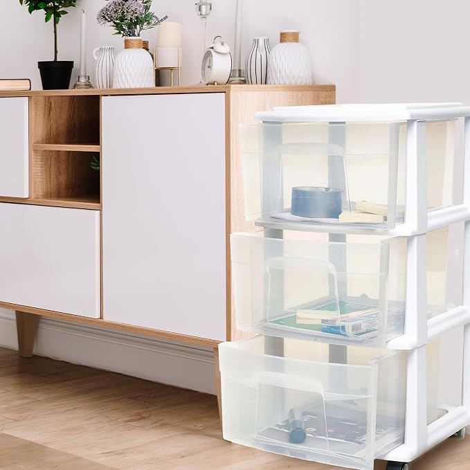 HOMZ Drawer Tower 3-Tier Storage Cart, Removable Wheels, White Frame,2 Pack | Plastic Organizer with Clear Bin Drawers for Bedrooms, Bathrooms, Home Offices, and Dorm Rooms