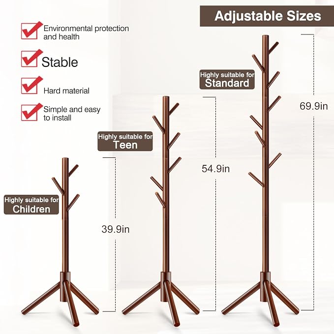 WANGMUXIA 2 PCS Coat Rack, Freestanding Coat Rack with 8 Hooks and 3 Adjustable Size Tree Coat Racks for Bedroom, Hallway, Entrance, Office, for Hats, Coats, Scarves, Handbags