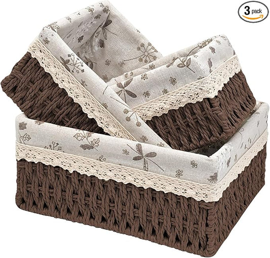 Wicker Storage Baskets Set of 3, Handwoven Paper Rope Organizer Bins with Removable Floral Liner, Small Medium Large for Bathroom, Pantry, Shelf, Countertop, Closet (Brown, L+M+S)