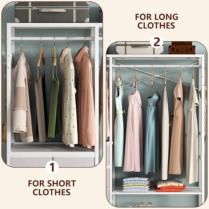 Freestanding Clothes Rack with 5 Drawers & 4 Storage Shelves,2 Hanging Rods | 59.1" W*70.9" H Heavy Duty Clothing Rack, Wardrobe Closet Organizer System with 5 Hooks, Garment Rack (White)